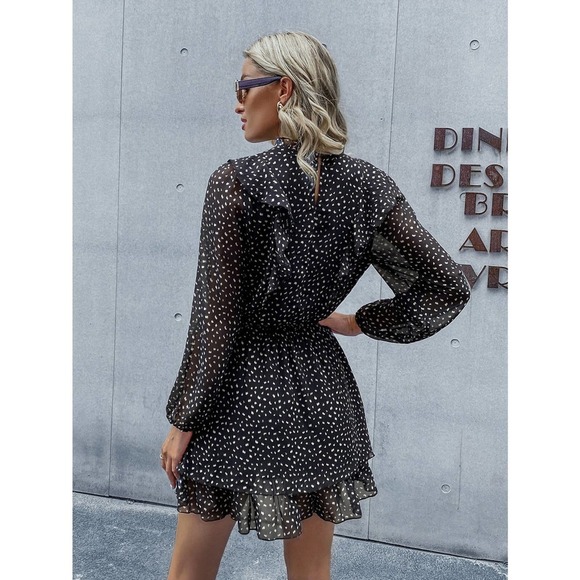 Boho long sleeve Confetti polkadot Print Keyhole Back Ruffle Trim Dress - Picture 2 of 6